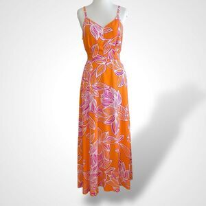 My Street Floral Long Sundress Dress Size M Orange Sleeveless Belted 100% Rayon